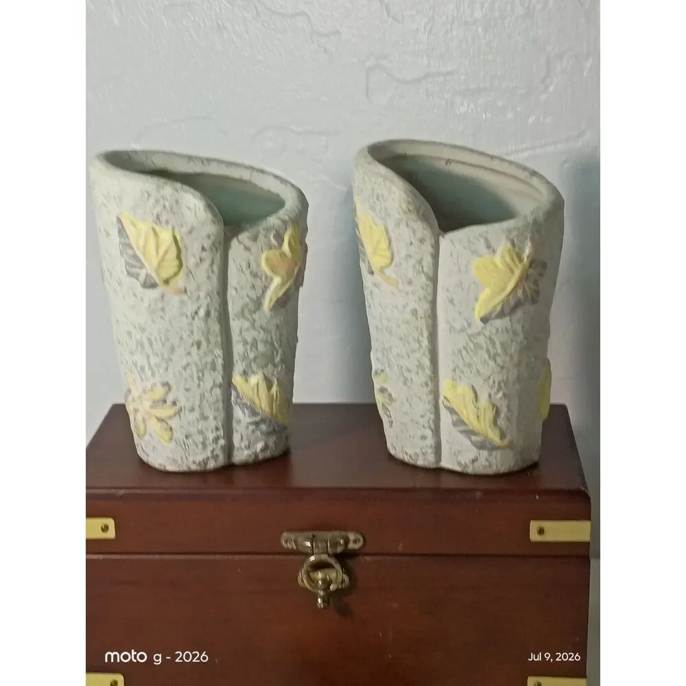 Handcrafted White Ceramic Vases with Yellow Leaves, Handpainted Clay Pottery